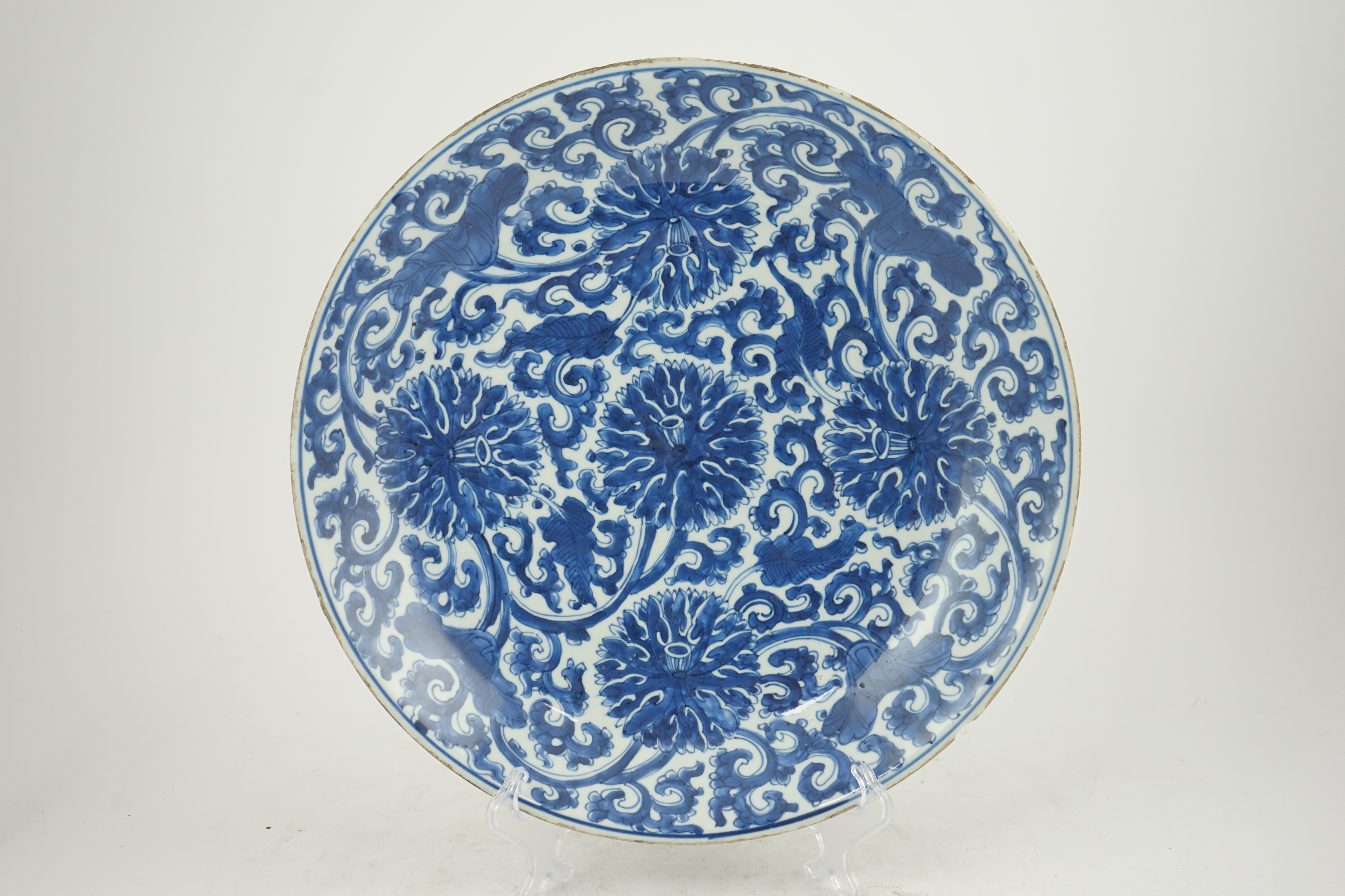 A large Chinese blue and white ‘lotus’ dish, Kangxi period